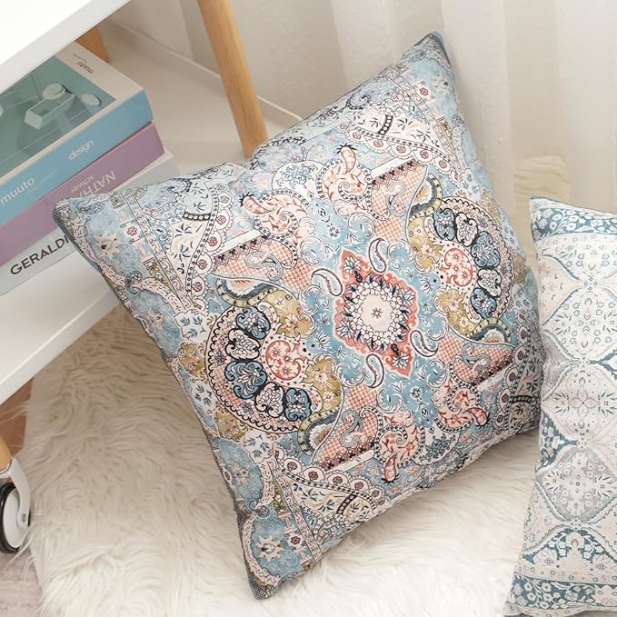Boho Floral Throw Pillow Covers 16x16 inch Set of 2,Blue Boho Rug Geometric Floral Pattern Decor Double Sided Pattern Cushion Cover Soft Pillow Case Living Sofa Room Bed Square Pillow Cover