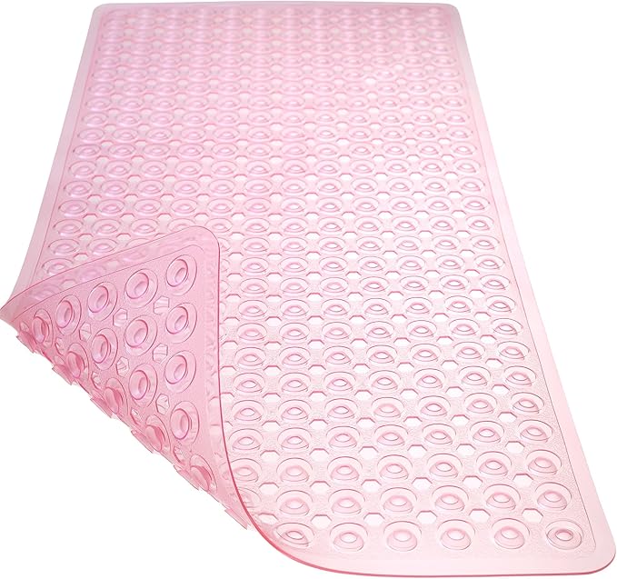 Bath Mat for Tub & Shower, Non Slip Soft Bathmat with Suction Cups & Drain Holes, Machine Washable Bathtub Floor Liner Mats for Bathroom, 35x16 Inch, Clear Pink