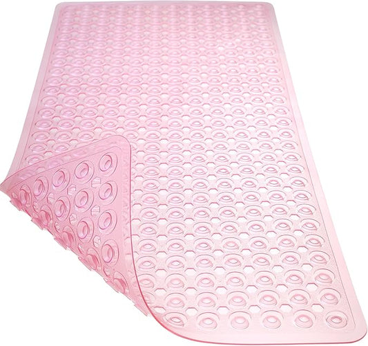 Bath Mat for Tub & Shower, Non Slip Soft Bathmat with Suction Cups & Drain Holes, Machine Washable Bathtub Floor Liner Mats for Bathroom, 35x16 Inch, Clear Pink