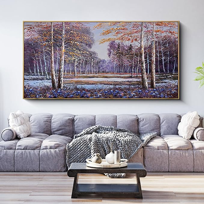 KLAKLA Landscape Wall Art - Blue and Orange Nature Scenery Tree Purple Wall Decor Living Room Bedroom Forest Pictures Framed Artwork for Wall Blue Flower Wall Art