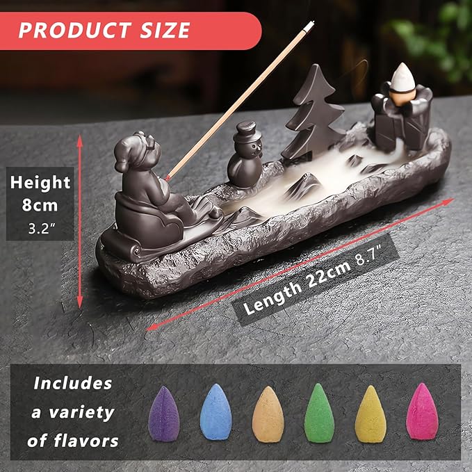 ChangWanna Christmas Frog Incense Burner - Xmas Incense Holder Ash Catcher, Ceramic Cone Backflow Incense Stand Smoke Fountain with 45 Sticks & 12 Cones, Frog Ornament for Aromatherapy/Yoga/Home Decor