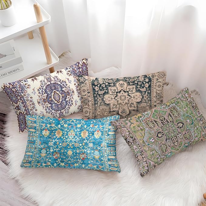 Boho Throw Pillow Covers 12x20 inch Set of 2,Boho Vintage Carpet Pattern Antique Ethnic Decor Double Sided Pattern Cushion Cover Soft Pillow Case Living Sofa Room Bed Square Pillow Cover