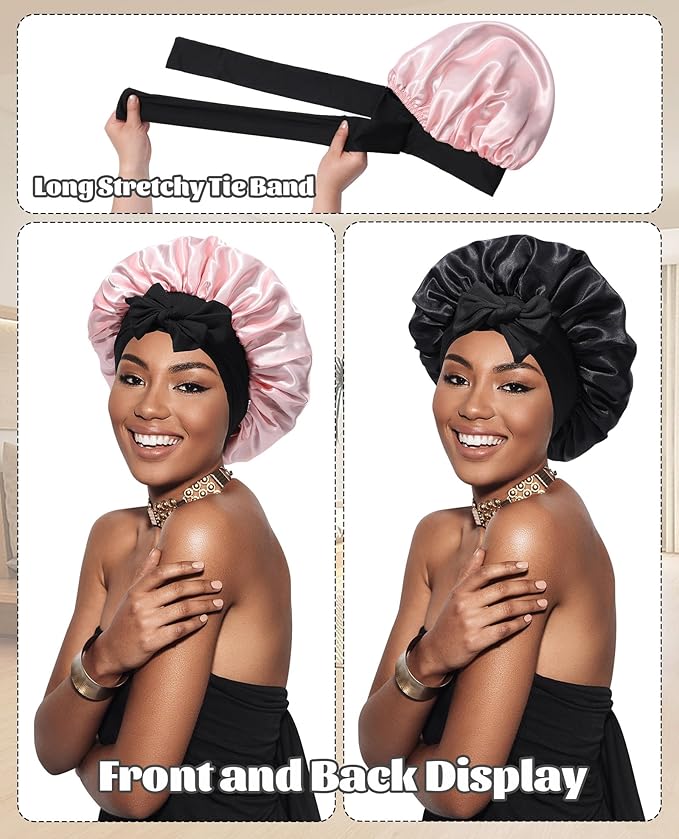 Satin Bonnet Silk Bonnet for Sleeping Silk Sleep Cap Double Layer Hair Bonnet with Elastic Tie Band for Curly Hair Night Cap (Black + Peach Pink)