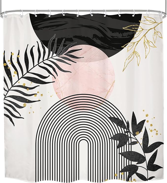Black Pink Boho Shower Curtain 72Wx72H Bohemian Modern Mid Century Abstract Minimalist Gold Leaves Sun Arch Geometric Plant Bathroom Decor Neutral Bath Curtain Fabric Polyester 12 Pack Hooks
