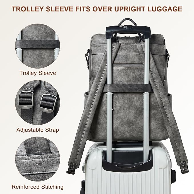 Shrrie Laptop Backpack for Women 15.6 inch,Travel Leather Backpack Purse Nurse Teacher Carry on Backpack Computer Bag,Professional Water-Resistant College Business Work Casual Daypack,Deep Gray