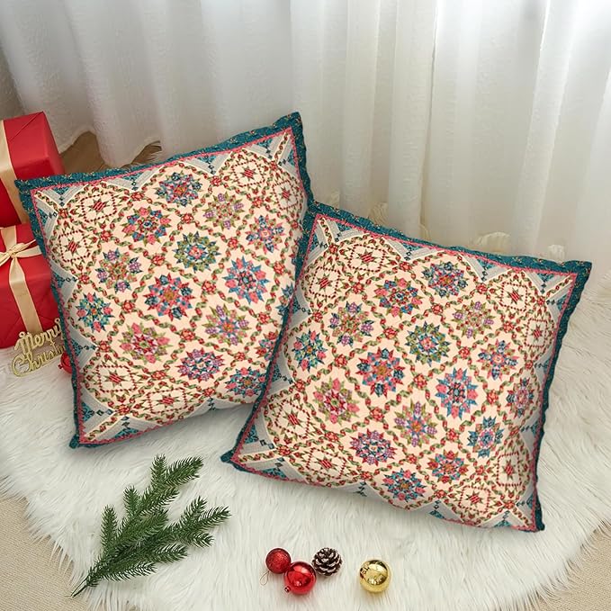 Boho Throw Pillow Covers 18x18 inch Set of 2,Boho Vintage Carpet Pattern Antique Ethnic Decor Double Sided Pattern Cushion Cover Soft Pillow Case Living Sofa Room Bed Square Pillow Cover