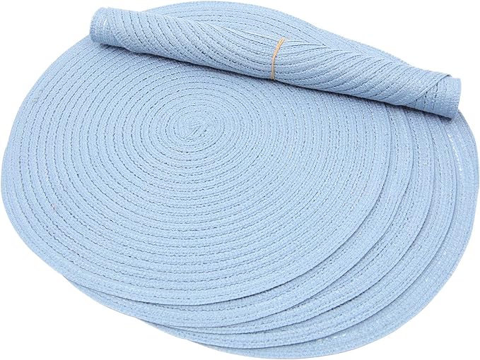 SHACOS Round Braided Placemats Set of 4 Washable 15 inch Round Non Slip Table Place Mats for Dining Tables (Light Blue, 4)