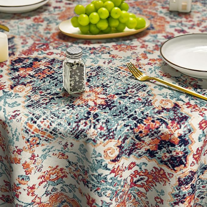 Horaldaily Boho Bohemia Style Tablecloth 60x60 Inch Round, Vintage Country Rustic Farmhouse Magical Fall Orange Washable Seasonal Table Cover for Party Picnic Dinner Decor