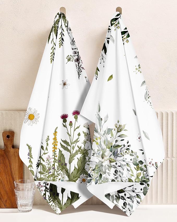 Microfiber Kitchen Towels - Set of 2 Dish Towels for Kitchen 18 x 26 Inch Home Decoration Grass Flower Cute Spring Hand Towels Soft & Absorbent Aesthetic Design