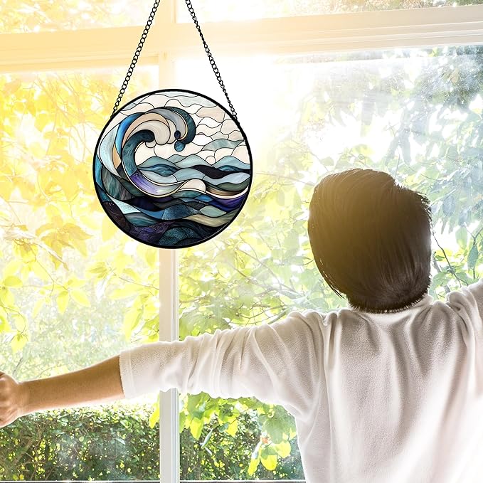 Stained Glass Window Hanging, Ocean Waves Sun Catchers Diamond Glass Panel Hangings Abstract Suncatcher Decor for Birthday for Women, Men, Wife, Aunt, and Mom 6.3 in