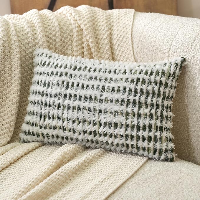 Aeckself Boho Chenille Tufted Pillow Cover 12 x 20 Inch, Rectangle Decorative Lumbar Throw Pillow Cover Neutral Pillowcase for Couch Bedroom Living Room, Green White