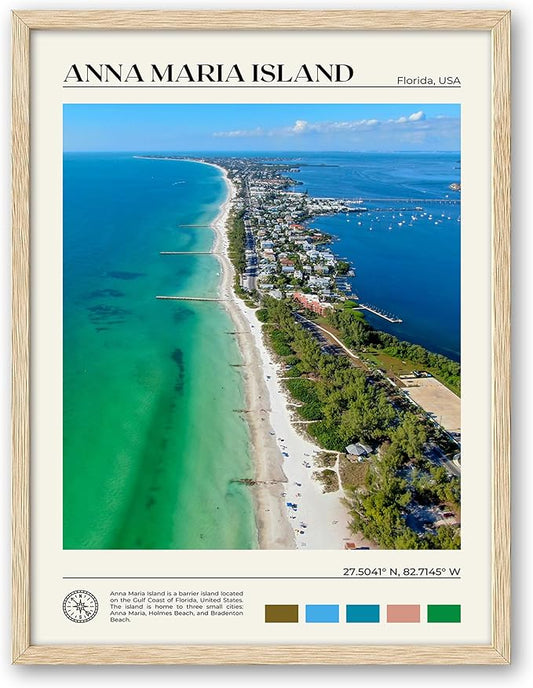 HesenDot Natural OAK Wood Framed Anna Maria Island Wall Art,12x16in Florida Seascape Canvas Wall Print,Classic Urban Landmark Wall Decor for Living Room, Bedroom,Office Gallery Set of 1