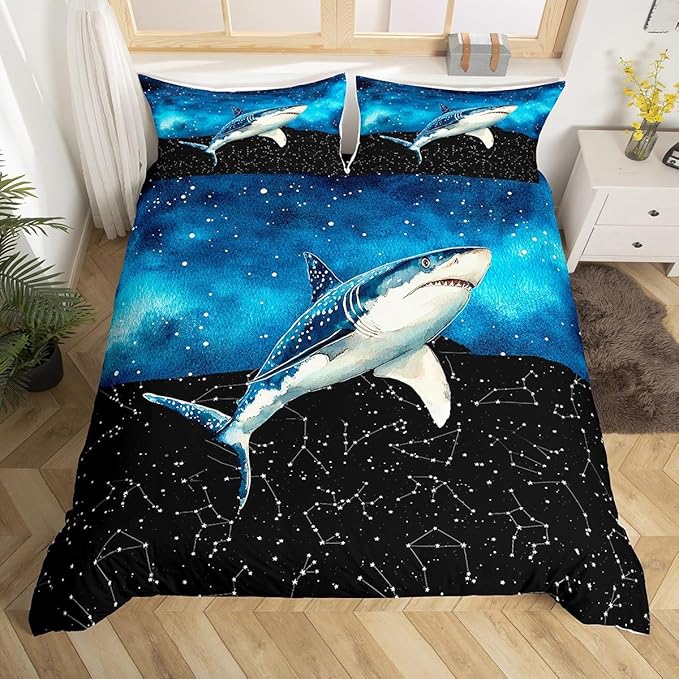 Shark Comforter Cover Galaxy Constellation Duvet Cover Set Queen Size,Mysterious Outer Space Bedding Set for Boys Girls Bedroom Decoration,Modern Fashion Starry Sky Theme Quilt Cover