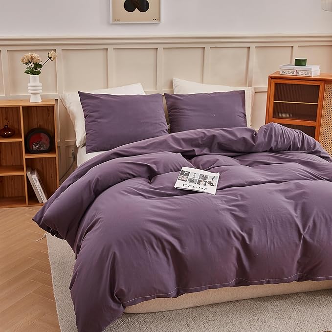 ECOCOTT Purple Duvet Cover Twin Size - 100% Washed Cotton Durable Soft Comfy Duvet Cover Set, 3 Pieces Duvet Cover with Zipper Closure (Purple, 68''x90'')