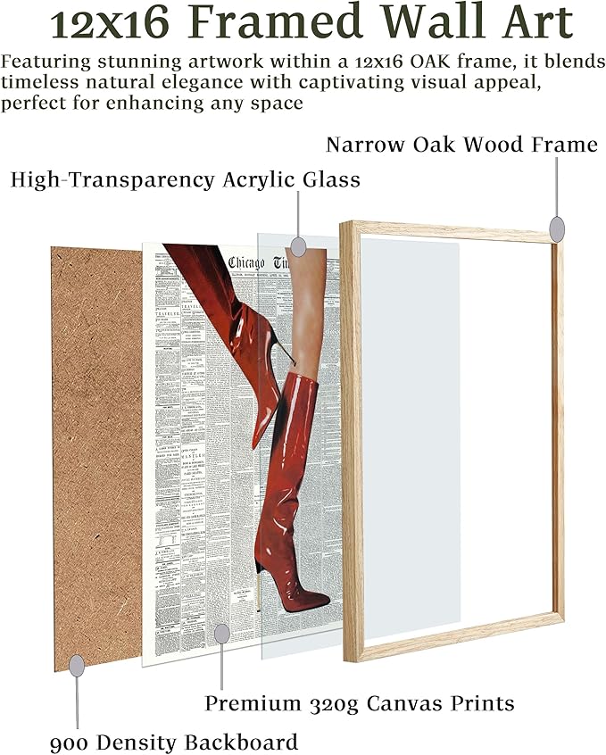EcoHest Trendy Newspaper Red Boots Framed Wall Art, 12x16 in OAK Wood Fashion Icon Canvas Wall Art, Magazine Home Decor, Beige Logs Retro Set of 1 for Bedroom Living Room