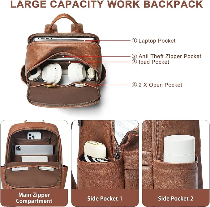 Leather Laptop Backpack for Women, 15.6" Causal Daypack Backpacks Purse Computer Backpack with Laptop Compartment for Travel Work College Business, Brown