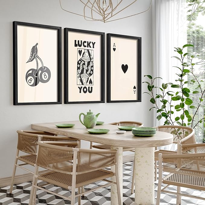 Heiple Framed Set of 3 Poker Wall Art Lucky You Poster, Trendy Retro Wall Art for Queen of Hearts Wall Art Rustic Vintage Farmhouse Home Wall Decor (Black, 16"x24")
