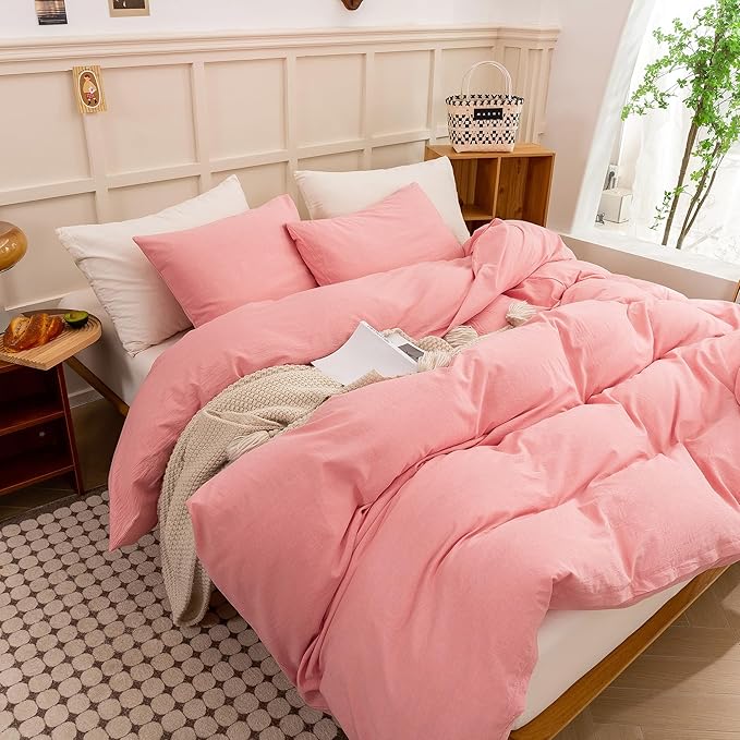 ECOCOTT Pink Duvet Cover Queen Size - Linen Feel Textured Organic Natural 100% Washed Cotton, Soft Breathable 3 Pieces Bedding Set with Zipper Closure