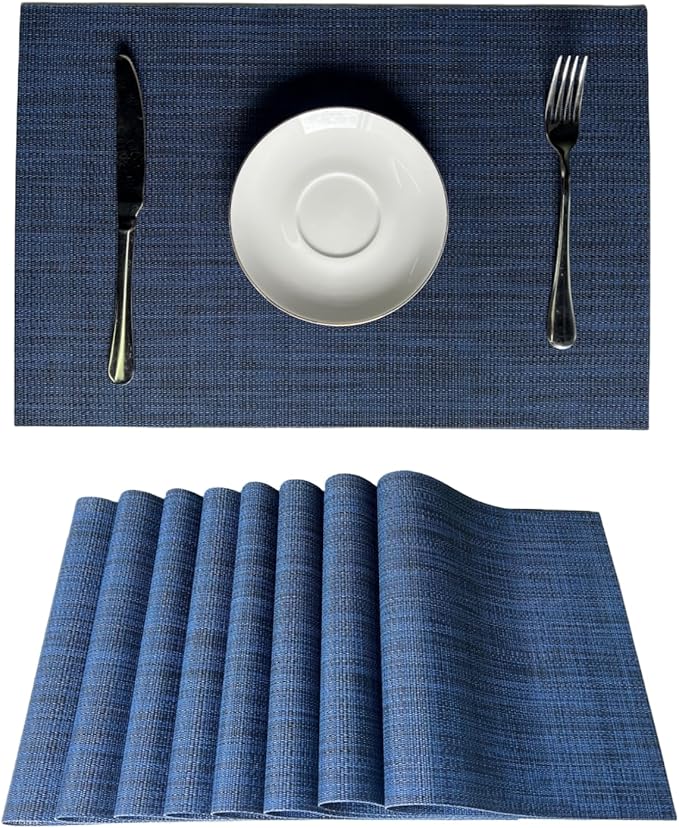 WAZAIGUR Placemats Set of 8 for Dining Table Heat-Resistant Washable Place Mats Woven Vinyl Kitchen Table Mats Easy to Clean,Navy Blue
