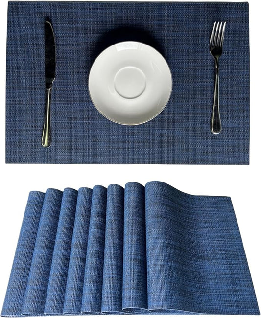WAZAIGUR Placemats Set of 8 for Dining Table Heat-Resistant Washable Place Mats Woven Vinyl Kitchen Table Mats Easy to Clean,Navy Blue