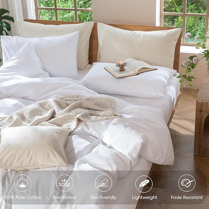 MooMee Bedding Duvet Cover Set 100% Washed Cotton Linen Like Textured Breathable Durable Soft Comfy (Solid Bright White, Super King 108"x98")