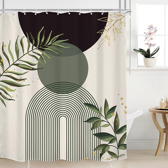 Dark Green Boho Shower Curtain 60Wx72H Black Green Modern Bohemian Mid Century Abstract Gold Leaves Plant Bathroom Decor Minimalist Geometric Neutral Bath Curtain Fabric Polyester 12 Pack Hooks