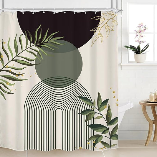 Dark Green Boho Shower Curtain 60Wx72H Black Green Modern Bohemian Mid Century Abstract Gold Leaves Plant Bathroom Decor Minimalist Geometric Neutral Bath Curtain Fabric Polyester 12 Pack Hooks