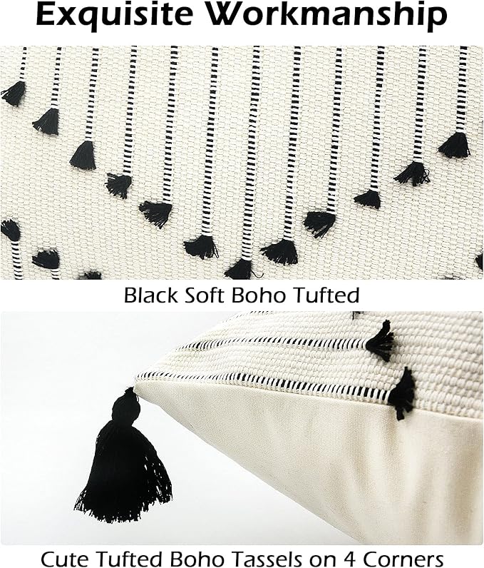 LIGICKY Decorative Boho Tassel Throw Pillow Covers for Couch Sofa Bedroom Living Room Home Decoration Diamond Square Woven Cotton Cushion Cover Modern Black and White Pillow Cases, 18 x 18 Inch