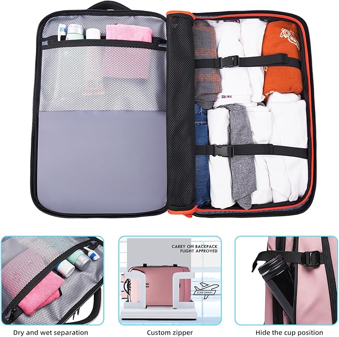 Travel Carry on backpack 50L for Women, Fits 17.3 inch Laptop with USB Charging Port, Expandable Flight Approved Backpack for Overnight (pink)