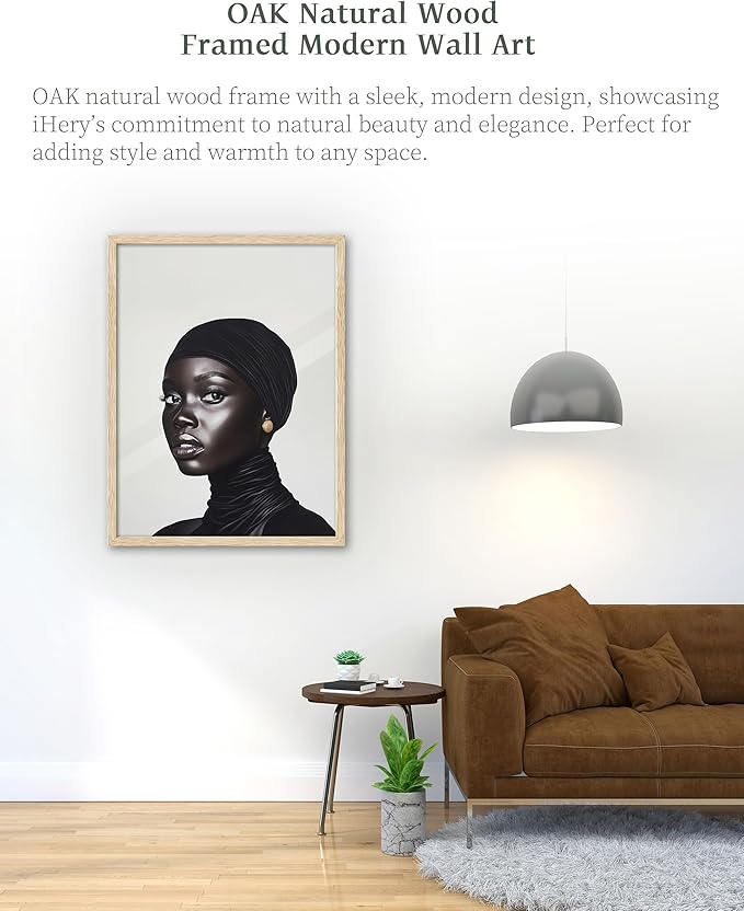 iHery Natural OAK Wood Fashion Black Girl Framed Wall Art, 12x16 in Black and White Modern Hijabi Canvas Wall Decor, Trendy Afro Art Bedroom Decor, Set of 1 For Bathroom Living Room