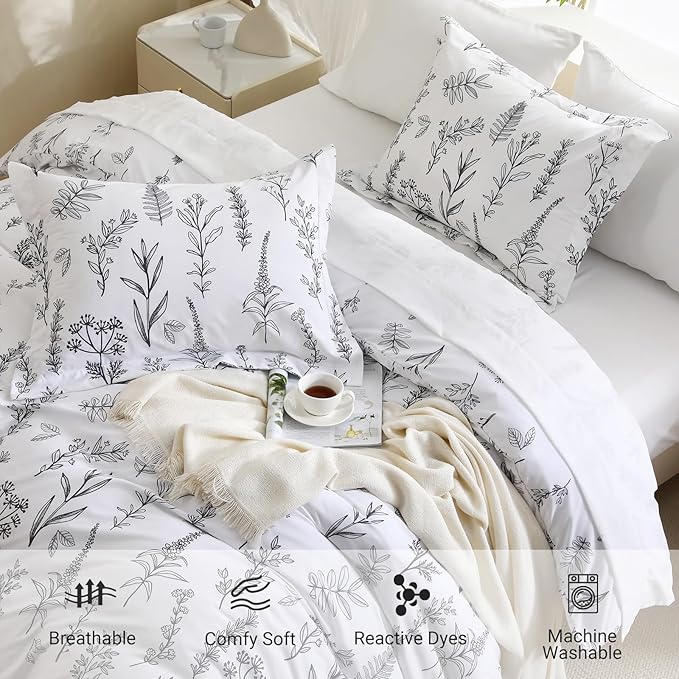 MUXHOMO Duvet Cover Full Size, Reversible Floral White Duvet Cover Set with Zipper Closure, 3 Pieces Botanical Patterns Soft Microfiber Bedding Set with 4 Ties