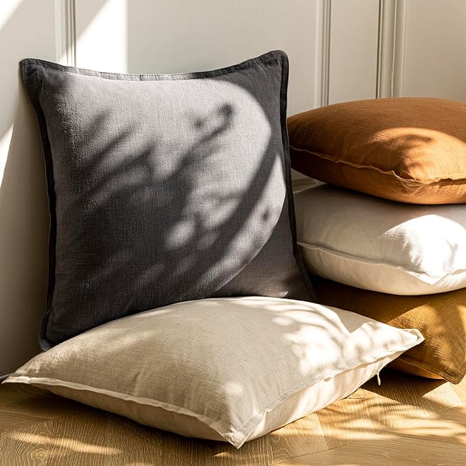 Foindtower Pack of 2, Decorative Linen Soild Throw Pillow Covers Soft Accent Cushion Case Boho Farmhouse Neutral Pillowcase for Couch Sofa Bedroom Living Room Home Decor 24 x 24 Inch Natural Beige