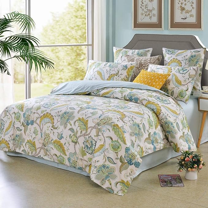 mixinni Boho-Chic King Size Duvet Cover Paisley Light Blue and Light Green Long Staple Cotton Bedding Set 1 Duvet Cover 2 Pillowcases for Him and Her, Easy Care, Soft and Durable- (3pcs, King Size)