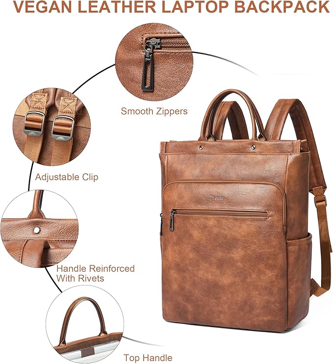 Leather Laptop Backpack for Women, Travel Backpack Purse Fits 15.6 Inch Laptop, Casual Daypack with Laptop Compartment for Teachers College Work Business Nurse Weekender, Brown