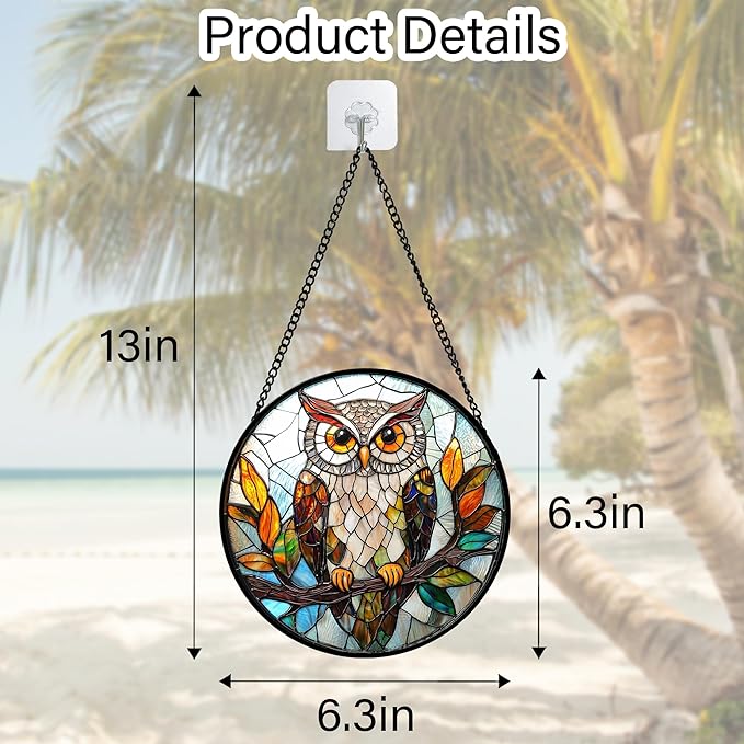 Stained Glass Window Hanging, Owl Colorful Leaves Birds Sun Catchers Diamond Glass Panel Hangings Suncatcher Decor for Birthday for Women, Men, Wife, Aunt, and Mom 6.3 in