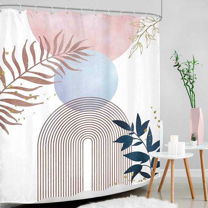 Pink Blue Boho Shower Curtain 60Wx72H Mid Century Modern Abstract Gold Leaves Plant Sun Bathroom Decor Minimalist Geometric Arch Line Aesthetic Girls Bath Curtain Fabric Polyester 12 Pack Hooks