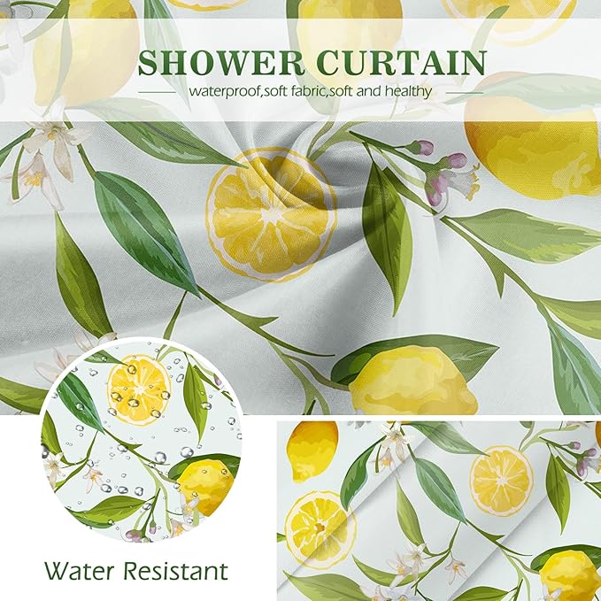Aimego Lemon Fruit Shower Curtain - Yellow Lemon Green Leaves Plant Floral Modern Nature Fabric Cloth Bath Shower Curtain Set with 12 Hooks for Bathroom Decor Accessories, 72"x72"