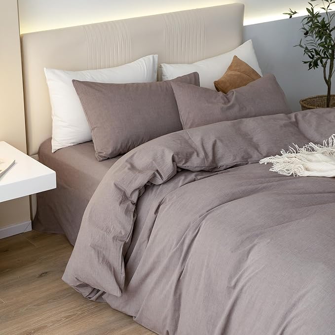JIYUAN 100% Washed Cotton Duvet Cover Set 3 Pieces King, 1 Duvet Cover 104x90 Inches(Comforter Not Included) and 2 Pillowcases,Linen Feel Bedding Set Comfy and Breathable, Heathered Mauve Brown