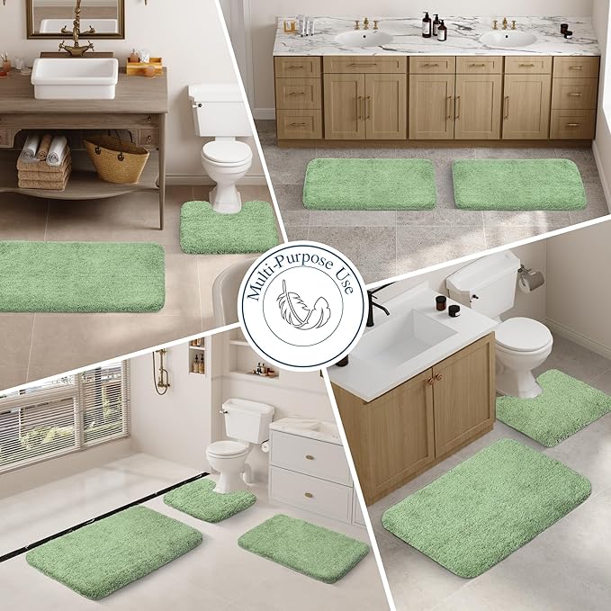 Walensee Contour Rug (20x24, Sage Green) Non Slip Bath Mat, Soft Microfiber Shaggy Mat, Machine Washable U Shape Toilet Rug