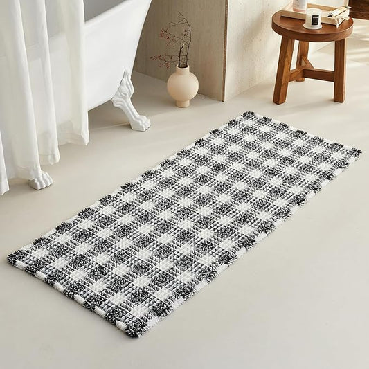 Waffle Runner Rug Bathroom, Long Boho Bathroom Rugs Non Slip Washable Absorbent Checkered Bathroom Mat Quick Dry Farmhouse Bath Mat, 60"x24" Black and White