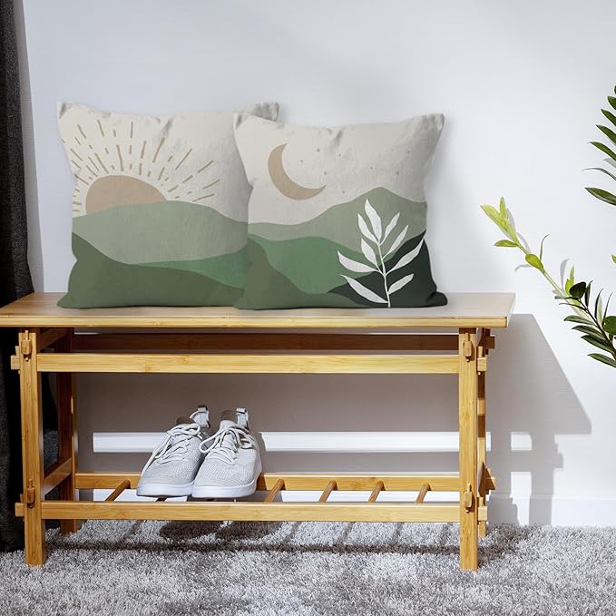 HIWX Boho Pillow Covers, Sun Moon Mountains Decorative Pillowcase Throw Pillows, Set of 2 (Green, 18x18)