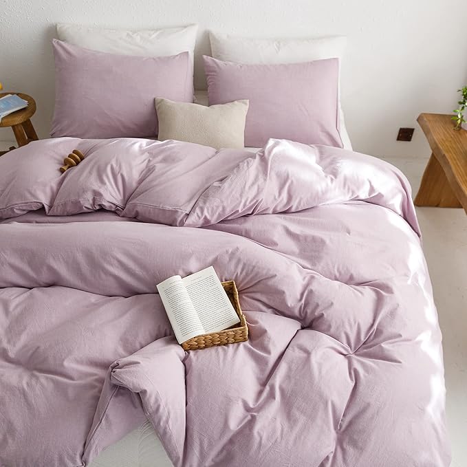ECOCOTT Light Purple Duvet Cover King Size - 100% Washed Cotton Durable Soft Comfy Duvet Cover Set, 3 Pieces Duvet Cover with Zipper Closure (Light Purple, 104''x90'')