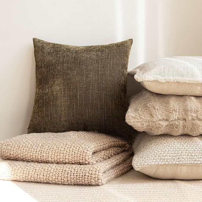 Foindtower Pack of 2 Soft Textured Chenille Throw Decorative Pillow Covers Square Accent Solid Cushion Cover Neutral Farmhouse Pillow Case for Couch Sofa Bedroom Living Room 26x26 Inch,Taupe Brown