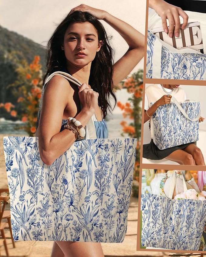 Large Tote Bag for Women - Aesthetic Cute Big Canvas Bags with Zipper Cotton Shoulder Bag for Gym, Travel, Work