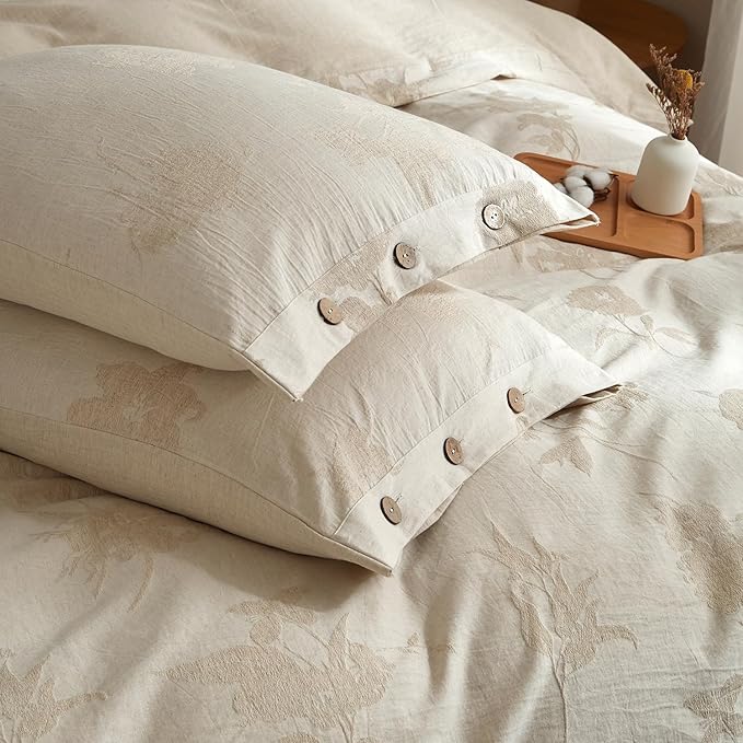 mixinni King Duvet Cover Set - 70% Cotton 30% Linen Blend, Bohemian Floral Jacquard 3-Piece Comforter Cover with 2 Pillowcases, Soft Breathable Lightweight Bedding Set (104"x90"), Almond Milk Grey