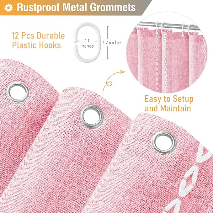 BTTN Pink Boho Shower Curtain, Linen Rustic Striped Fabric Shower Curtain Set with Tassel, Water Repellent, Bohemian Modern Farmhouse Cloth Shower Curtain for Bathroom with Hooks, 72"x72", Blush