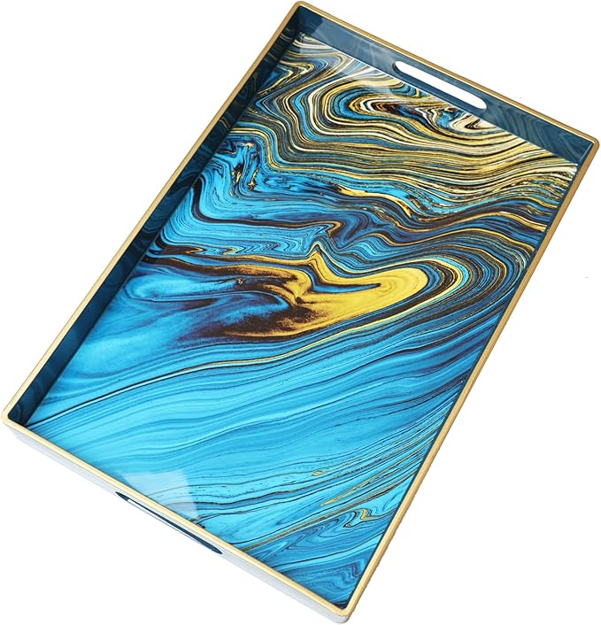 Spsyrine Serving Tray, Marble Decorative Tray Plastic Rectangular Coffee Table Tray for Living Room, Storage, Kitchen, Ottoman, Bathroom Decor. 15.6” X 10.2" LJRE