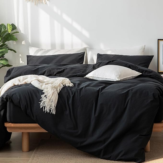 MooMee Bedding Duvet Cover Set 100% Washed Cotton Linen Like Textured Breathable Durable Soft Comfy (Solid Black, Queen 90"x90")