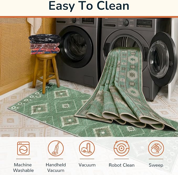 Area Rug 6x9 Rug Machine Washable Rug Non-Slip Low Pile Print Pattern Western Rug for Living Room Bedroom Entryway Tribal Series -Sage