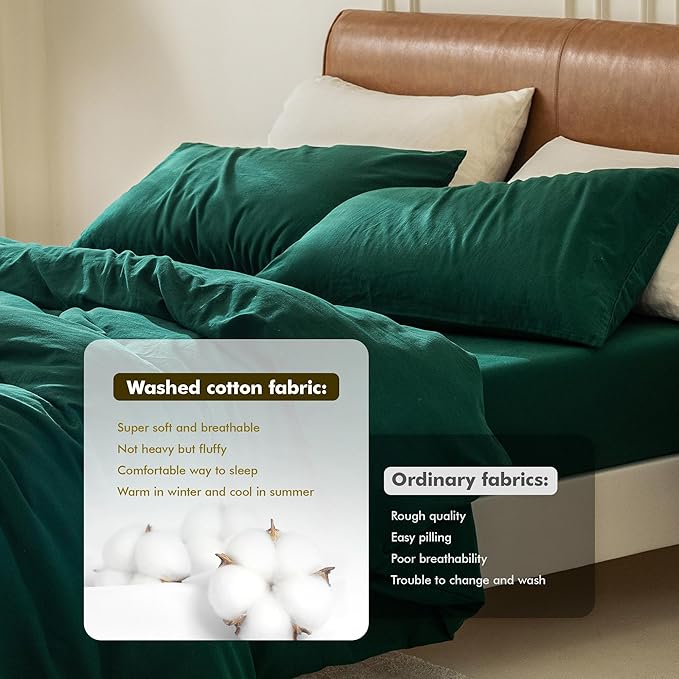 FOSSA Duvet Cover Set 100% Washed Cotton 3 Pieces Bedding Set Twill Soft Cozy Breathable Sturdy Substantial with Textured Weave Solid Green King